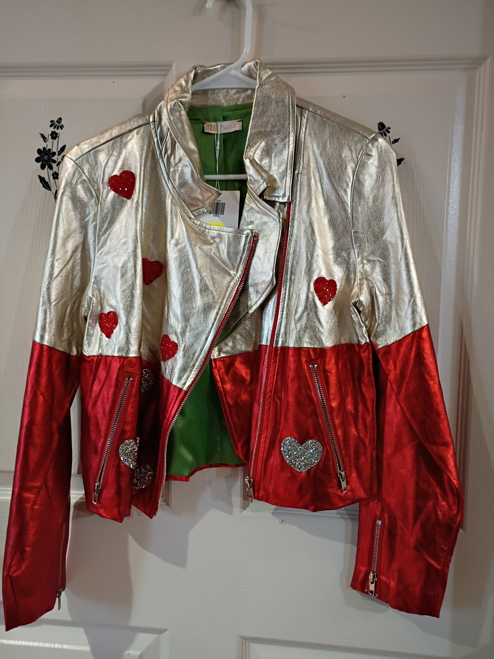 Metallic Silver & Red Heart-Accent Moto Jacket